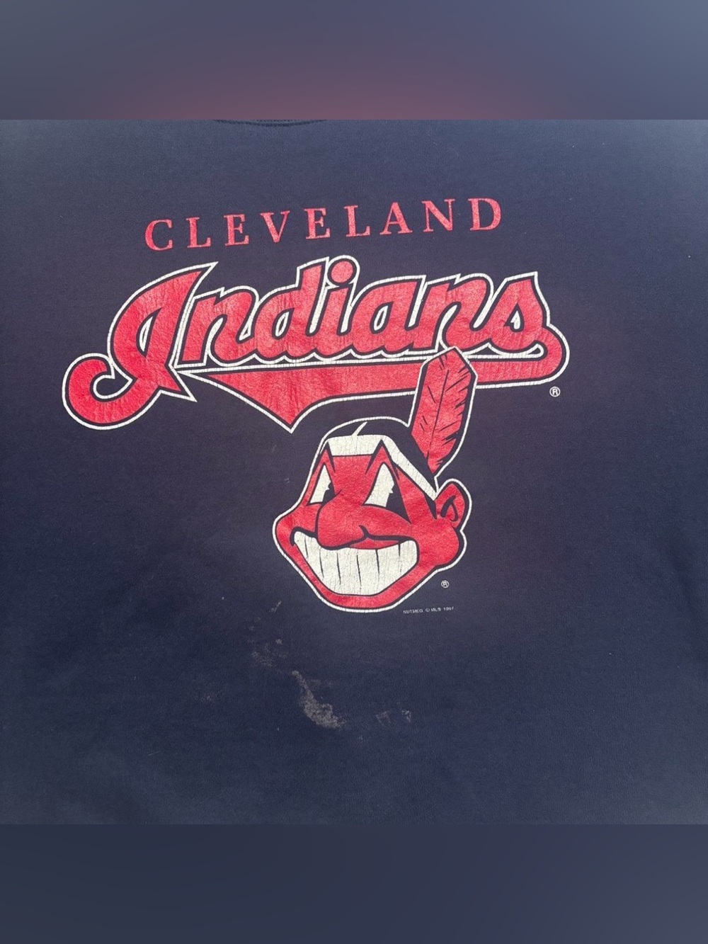 Vintage Cleveland Indians Nutmeg Crewneck Sweatshirt MLB Navy 2XL Oversized 1997 - Picture 3 of 4